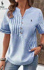 RALPH LAUREN - Camicia in cotone e lino con righe asimmetriche e collo a V