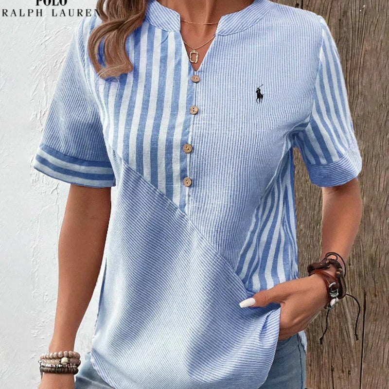 RALPH LAUREN - Camicia in cotone e lino con righe asimmetriche e collo a V