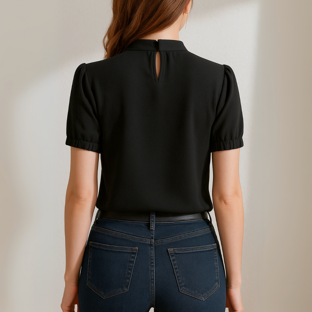 Inge™ | Blusa Nera Plissettata con Maniche Scolpite