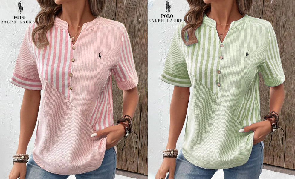 RALPH LAUREN - Camicia in cotone e lino con righe asimmetriche e collo a V