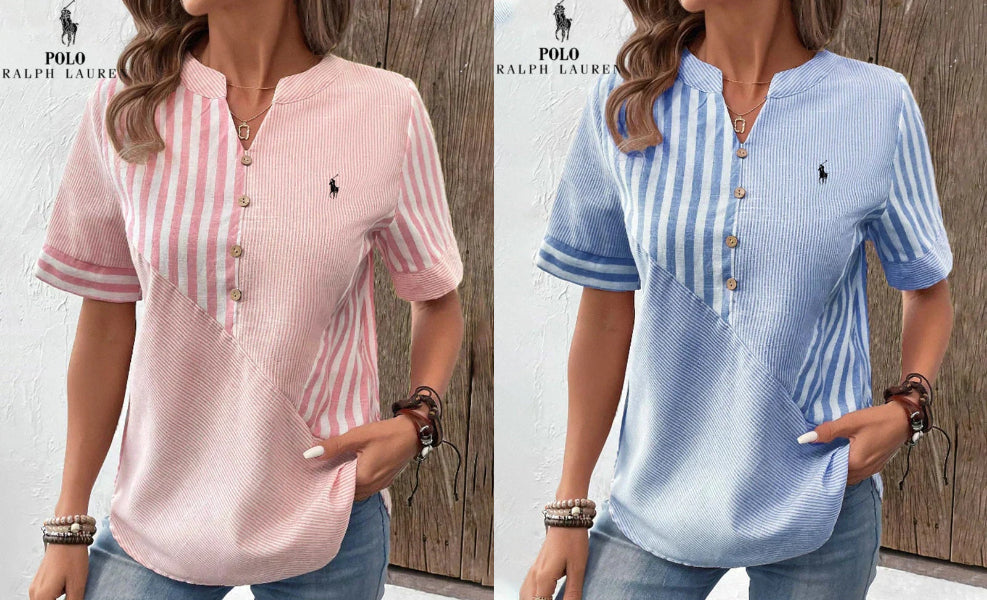 RALPH LAUREN - Camicia in cotone e lino con righe asimmetriche e collo a V