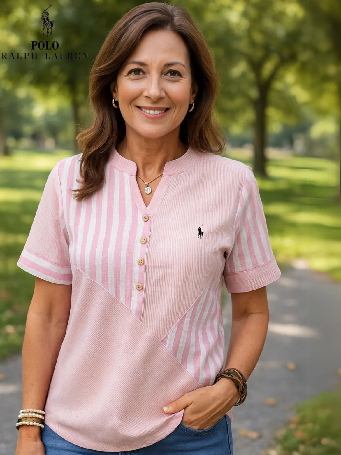 RALPH LAUREN - Camicia in cotone e lino con righe asimmetriche e collo a V