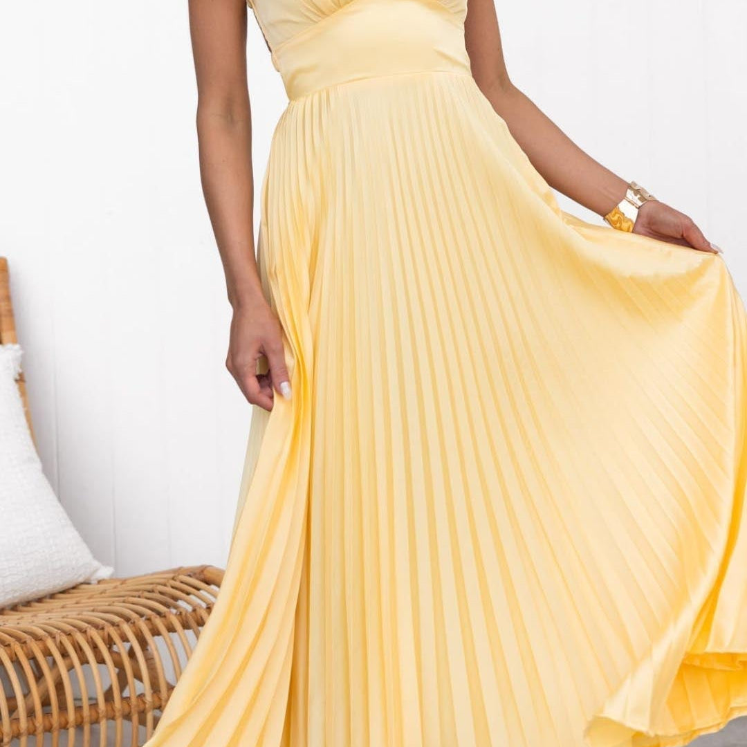 Aby - Abito maxi plissettato giallo con scollatura a V