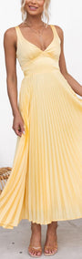 Aby - Abito maxi plissettato giallo con scollatura a V