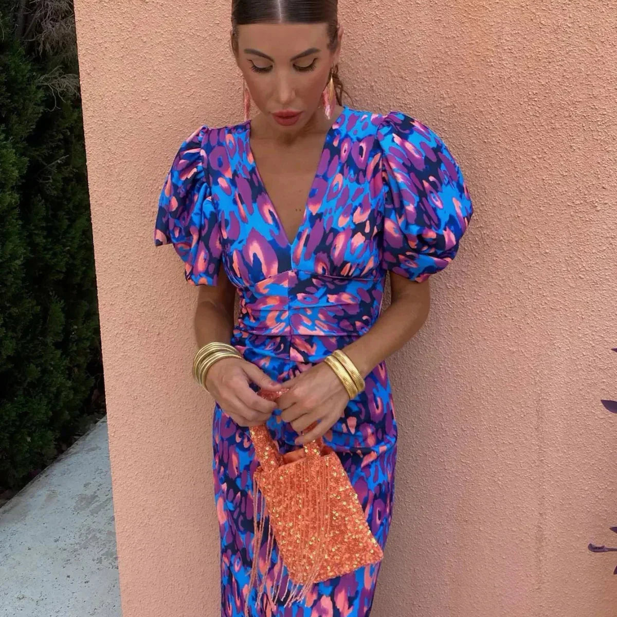 Arielle™ | Abito Midi Donna Colorato con Maniche Plissettate